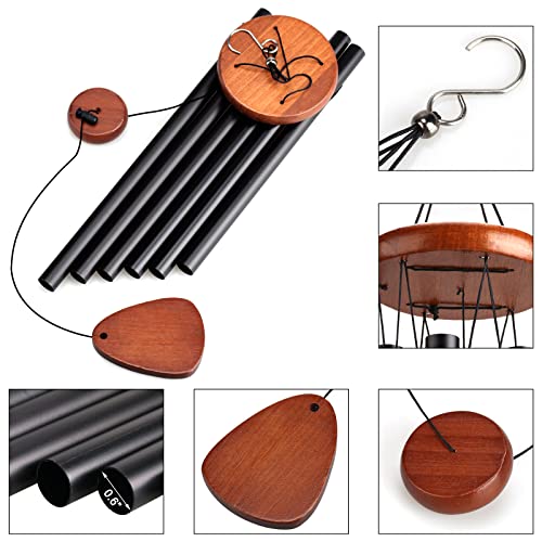 Wind Chimes for Outside Large Outdoor - Memorial Wind Chime Large Deep Tone, Wooden Black Aluminum Chime with 6 Tuned Tubes, Great as a Gift for Home Decor, Patio, Garden and Backyard
