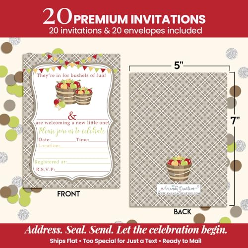 Bushels of Fun Apple Baby Shower Invitations, 20 5x7 Fill In Cards with Twenty White Envelopes by AmandaCreation™ - style: Bushels of Fun Apple