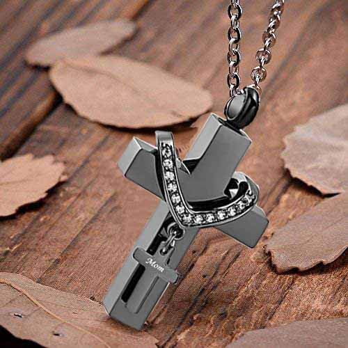 Black Cross Urn Necklaces for Ashes Cremation Crucifix Keepsake Memorial Pendant Necklace - style: Mom