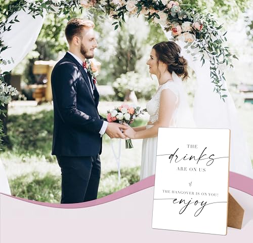 The Drinks Are On Us - Wedding Signs for Reception, 8×11" Minimalist Wooden Table Sign With Stand Wedding Bar Sign for Bridal Shower, Engagement, Wedding Shower Decorations, 02 - style: The Drinks Are On Us 02