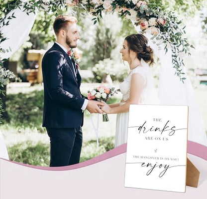 The Drinks Are On Us - Wedding Signs for Reception, 8×11" Minimalist Wooden Table Sign With Stand Wedding Bar Sign for Bridal Shower, Engagement, Wedding Shower Decorations, 02 - style: The Drinks Are On Us 02