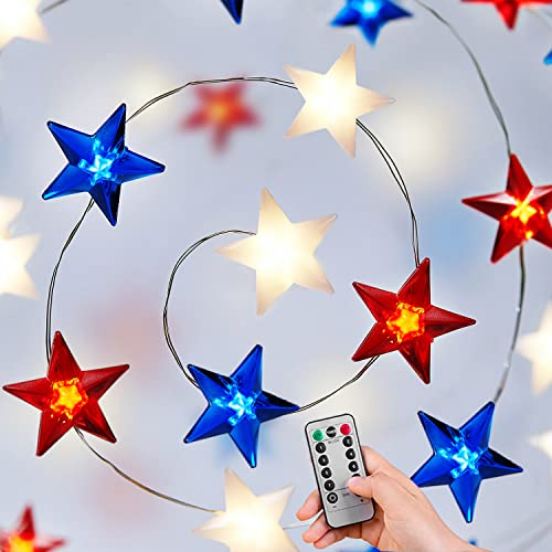 4th of July Decorations Red White and Blue String Lights Battery Operated 16FT 50 LED Patriotic Fairy Lights with Timer & Remote for Independence Day Memorial Day Fourth of July Decor for Home - color: Red White & Blue 1