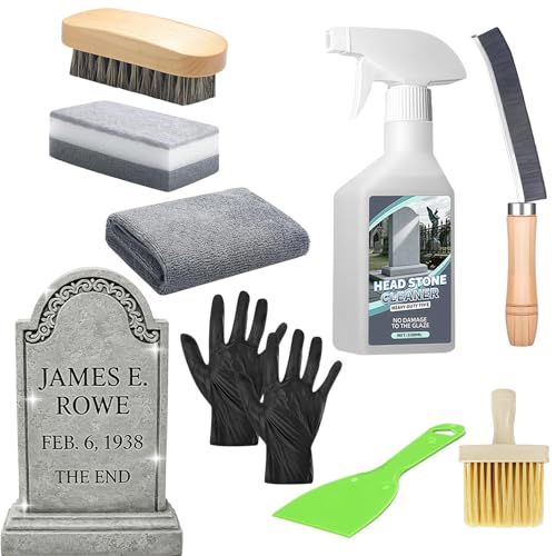 9 PCS Headstone Cleaner Gravestone Cleaning Kit for Granite and Stone Daily Cleaner Includes Brush, Dust Brush, Crevice Brushes, Gloves, Scraper, Sponge, Cloth, Headston Cleaning Solution, Storage Bag