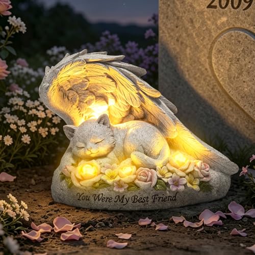 basen Solar Cat Memorial Garden Statue, Resin Pet Loss Grave Marker with Angel Wings and Lighted Flowers, Outdoor Cat Remembrance Decor for Yard Lawn Patio Porch Cemetery Sympathy Gift - color: Cat in Angel Wing