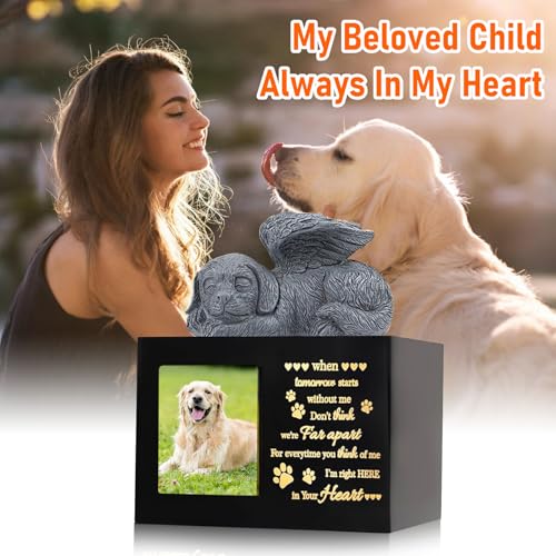 Pet Memorial Urns for Dog Ashes Box, Large Wooden Pet Dogs Urns with Dog Angel and Photo Frame, Memorial Keepsake Memory Box, Loss Pet Puppy Memorial Black Funeral Cremation Box Remembrance Gift