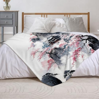 Japanese Ink Painting Throw Blanket, Flannel Blankets for Couch 50"×60" - color: Japanese Ink Painting