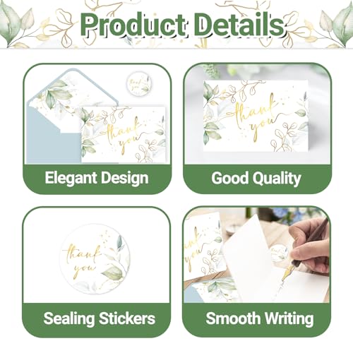 48 Pack Green Thank You Cards With Envelopes, Eucalyptus Leaves Thank You Card, Summer Wedding Bridal Appreciation Banquet, Baby Shower, Graduation Ceremony, Birthday Greeting Letter, Blank Cards and Envelopes 4x6 Inch - style: 48pcs - Gold Leaf