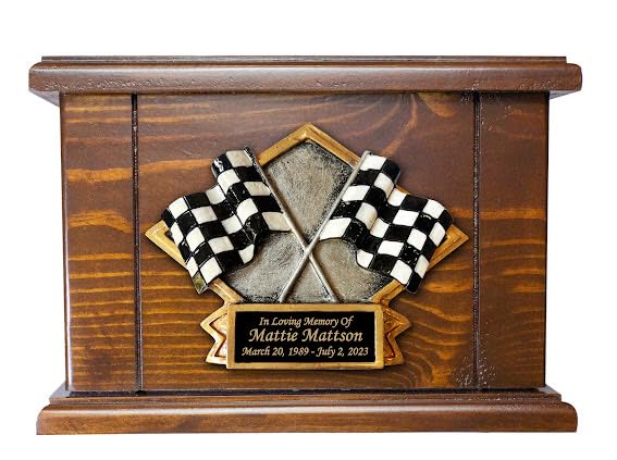Car Racing Funeral Cremation Urn, Personalized Adult Wooden Memorial Urn | Racing flags memorial urn with detailed 3D plaque, honoring racing fans and motorsports enthusiasts