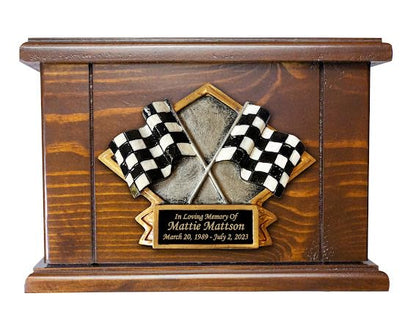 Car Racing Funeral Cremation Urn, Personalized Adult Wooden Memorial Urn | Racing flags memorial urn with detailed 3D plaque, honoring racing fans and motorsports enthusiasts