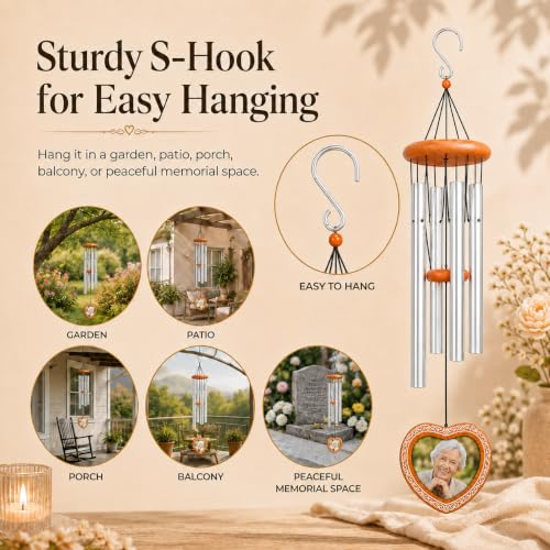 34 Inch Memorial Wind Chimes for Outside, Wooden Photo Frame Heart Pendant - color: Silver
