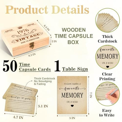 50th Birthday Party Share a Memory Set, 1976 Birthday Gifts for Women Men, 1976 Wooden Share A Memory Box with Memory Sign and 50 Pcs Memory Cards, 1976 Birthday Gifts, 50th Birthday Party Decorations - style: 50-1976