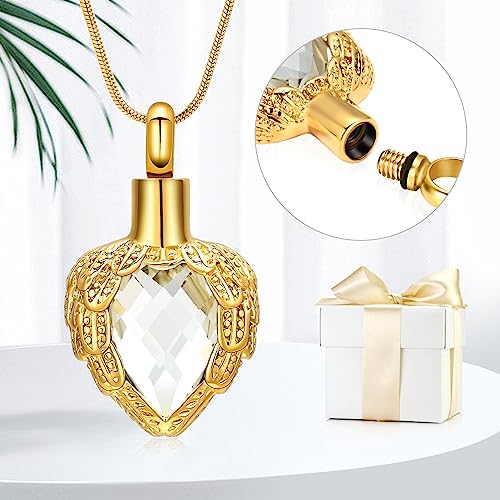 memorial jewelry Gold Angel Wings Glass Heart Urn Pet/Human Cremation Pendant Necklace Jewelry for Ashes - color: White