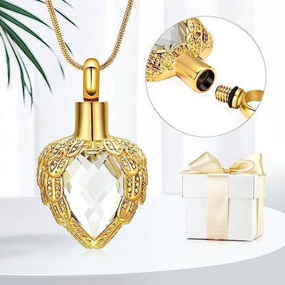 memorial jewelry Gold Angel Wings Glass Heart Urn Pet/Human Cremation Pendant Necklace Jewelry for Ashes - color: White