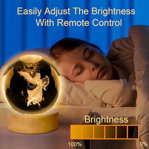 Guardian Angel Crystal Ball Lamp, Glass Angels Figurine Ball Night Light | 16 Colors Table Lamp with Wooden Base and Remote Control, Angels Gifts and Birthday Gift for Women Men Kids (angel) - color: Angel