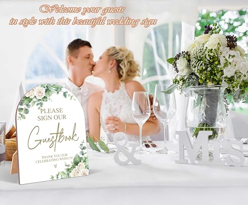 White Rose Please Sign Our Guestbook Sign, Wedding Ceremony Signs, 6 x 8 Inch Arch Wooden Tabletop Sign with Stand, Wedding Reception Decoration Supplies (BJ02) - color: Please Sign Our Guestbook