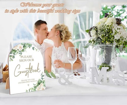 White Rose Please Sign Our Guestbook Sign, Wedding Ceremony Signs, 6 x 8 Inch Arch Wooden Tabletop Sign with Stand, Wedding Reception Decoration Supplies (BJ02) - color: Please Sign Our Guestbook