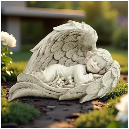 Sleeping Angel Figurine in Wings, Resin Guardian Angel Decor, 7.87 Inch | Hand-painted resin guardian angel with sculpted wings for shelves, bedside tables and comforting gifts for women