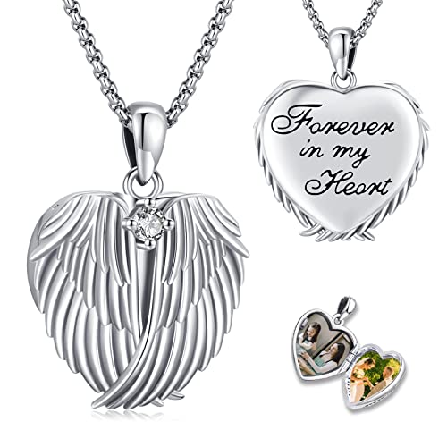 Picture Locket Necklace for Women Men Rose 14K Real Gold 925 Sterling Silver Jewelry Heart Locket Necklace that Holds Pictures Tree of Life Viking Wolf Celtic Knot St Christopher St Michael Pendant - color: G-Heart Wing Photo Locket Necklaces