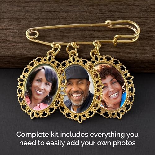 Gold Wedding Bouquet Photo Charm Memorial Pin for Bouquet 3 Pictures