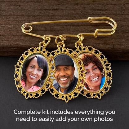 Gold Wedding Bouquet Photo Charm Memorial Pin for Bouquet 3 Pictures