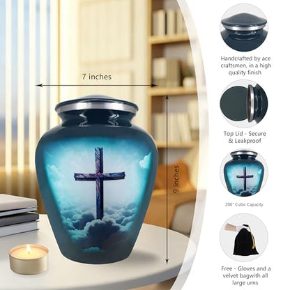 M MEILINXU Turquoise Cross Urns for Human Ashes Adult Female, Full Size Urn - color: Turquoise