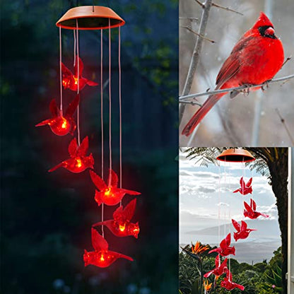 Solar Cardinal Wind Chimes Lights for Outside Garden Patio Decor | Red Bird Hanging Windchimes for Home/ Outdoors, Memorial Gifts Gifts for Mother Mom Grandma Women Birthday Christmas