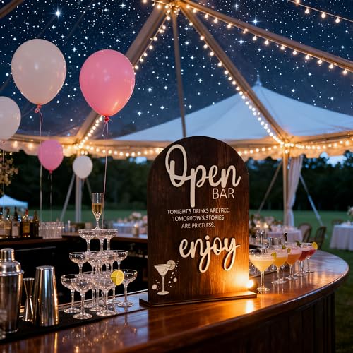 Wood Open Bar Sign Modern Calligraphy for Wedding Drink Station | Modern Calligraphy, Rustic Wooden, Table Top, Wedding Reception and Event Party - color: Brown-Open Bar