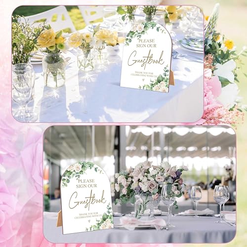 White Rose Please Sign Our Guestbook Sign, Wedding Ceremony Signs, 6 x 8 Inch Arch Wooden Tabletop Sign with Stand, Wedding Reception Decoration Supplies (BJ02) - color: Please Sign Our Guestbook