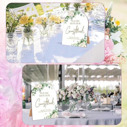 White Rose Please Sign Our Guestbook Sign, Wedding Ceremony Signs, 6 x 8 Inch Arch Wooden Tabletop Sign with Stand, Wedding Reception Decoration Supplies (BJ02) - color: Please Sign Our Guestbook