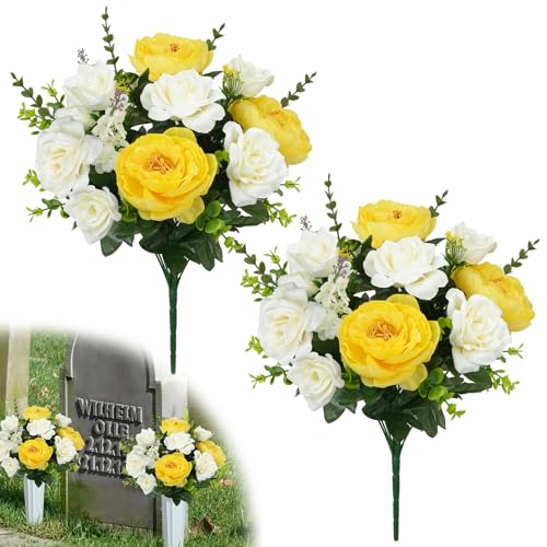 Yellow Roses Artificial Flowers 2 Bunches 18'' Cemetery Flowers for Grave | Faux Peonies, Silk Floral Arrangements, Spring Yellow Flowers for Cemetery for Outdoor Headstone Vase Home Decor - color: White Yellow
