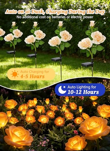 Brightown Solar Garden Lights, 4 Pack LED Rose Flower Lights Waterproof - color: Champagne Rose
