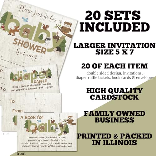 Baby Shower Invites Gender Neutral – Woodland Animal Invitation Bundle with Diaper Raffle Tickets, Book Request Cards & Envelopes. Set of 20 5X7 Woodland Creatures Boy or Girl Invitation Kit Sets - style: Woodland Animal