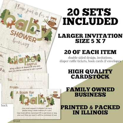 Baby Shower Invites Gender Neutral – Woodland Animal Invitation Bundle with Diaper Raffle Tickets, Book Request Cards & Envelopes. Set of 20 5X7 Woodland Creatures Boy or Girl Invitation Kit Sets - style: Woodland Animal
