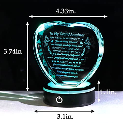 YWHL Granddaughter Gifts from Grandma Graduation Birthday Gifts for Granddaughter Heart Crystal to My Granddaughter Keepsakes Gift with Colorful Base on Wedding Back to School Valentine Christmas - color: Granddaughter Gifts+led