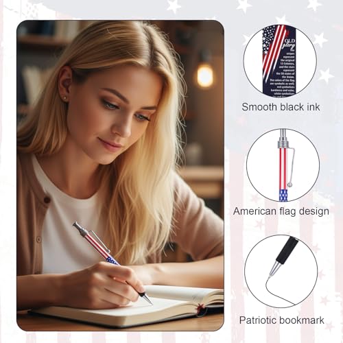 24Set Veterans Day Gifts Bulk 4th of July Patriotic American Flag Ballpoint Pens Veterans Day Pins Star Bookmarks, Independence USA Souvenirs Appreciation Gifts for Veteran Patriots Party Supplies