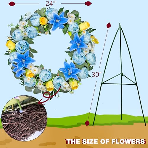 Artificial Cemetery Wreath for Grave, 24" Blue Memorial FWreath with 30" Easeal Stand, Peony Lily Rose Daisy for Gravesites Decoration