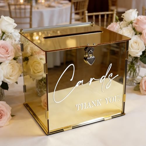Gold Acrylic Card Box with Lock & Slot, Classy Golden Wedding Card Boxes for Reception, Luxury Monetary Envelope Gift Box for Party Graduation Birthday Anniversary Baby Shower All Occasions - color: Golden