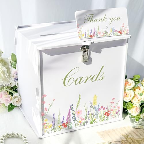 OurWarm Wedding Card Box With Lock, PVC Card Box For Party Decor Reception | Floral Design, Spacious Storage, Thank Card Sign Included, White Card Box for Wedding, Bridal Baby Shower Graduation Decor - color: Flower