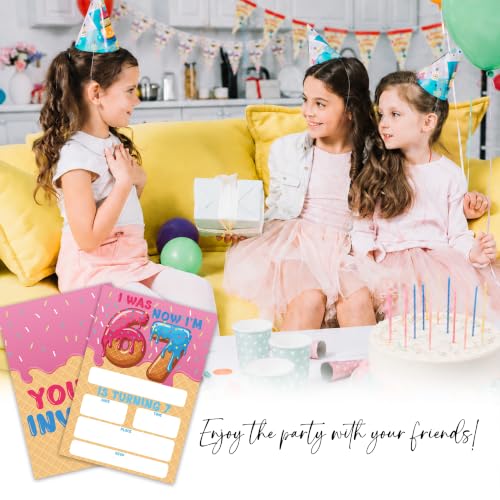 Donut 7th Birthday Invitation Cards with Envelopes, 20 Pack 4x6 Fill-In Party Invites for Girls Boys, Ice Cream Theme Kids Birthday Party Supplies - B07 - color: 6 7 Donut