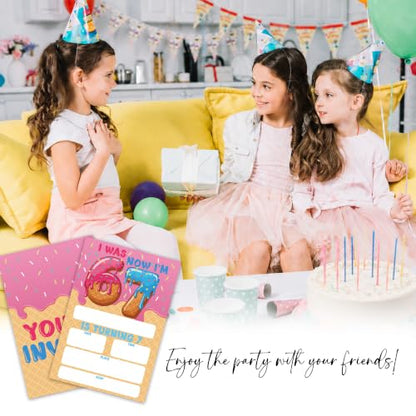 Donut 7th Birthday Invitation Cards with Envelopes, 20 Pack 4x6 Fill-In Party Invites for Girls Boys, Ice Cream Theme Kids Birthday Party Supplies - B07 - color: 6 7 Donut