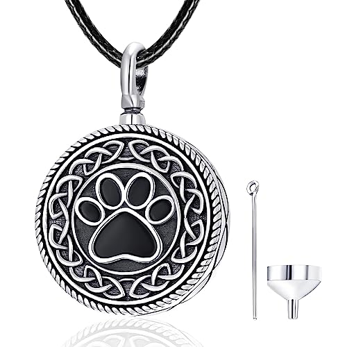 Dreamboat Pet Urn Necklace for Dog Cat Ashes 925 Sterling Silver Paw Print Cremation Keepsake Pendant Celtic Knot Memorial Jewelry Gifts for Women Men - style: 01A-Round (Silver)