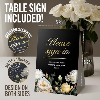Celebration of Life Guest Book for Funeral or Memorial 9"x7", Hardcover Cardboard Floral Remembrance Book w/Sign In Poster, Gold Foil, Photo Window, Memory Keepsake for Loved Ones, Black & White Roses
