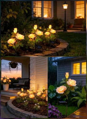 Brightown Solar Garden Lights, 4 Pack LED Rose Flower Lights Waterproof - color: Champagne Rose