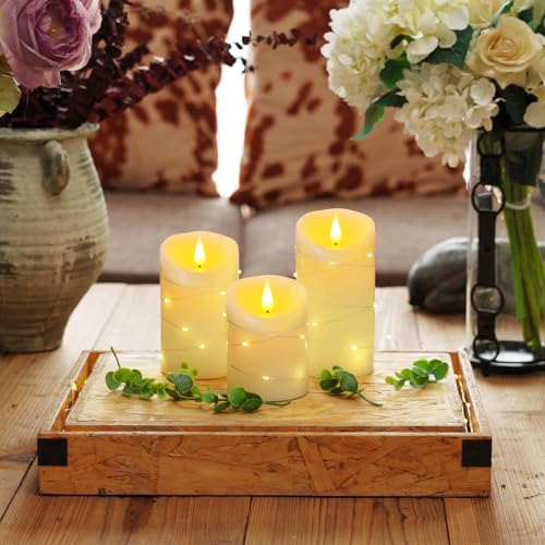 Homemory Flameless Candles with String Lights, 3 Pack Embedded Fairy String Lights LED Candles, Electric Flickering Candles with Remote Control and Timer, Real Wax, Ivory White - color: Ivory