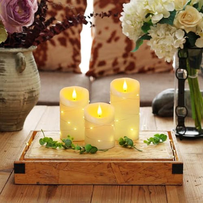 Homemory Flameless Candles with String Lights, 3 Pack Embedded Fairy String Lights LED Candles, Electric Flickering Candles with Remote Control and Timer, Real Wax, Ivory White - color: Ivory