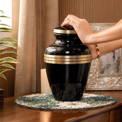 Cremation Urn for Human Ashes Adult Male/Female, 200+ Cubic Inch Capacity, 10 x 7 Inch Metal Funeral Urn with Secure Screw-Top Lid, Avlon Midnight Black Gold, Velvet Bag Included - color: Midnight Black Gold, size: Avlon 10x7