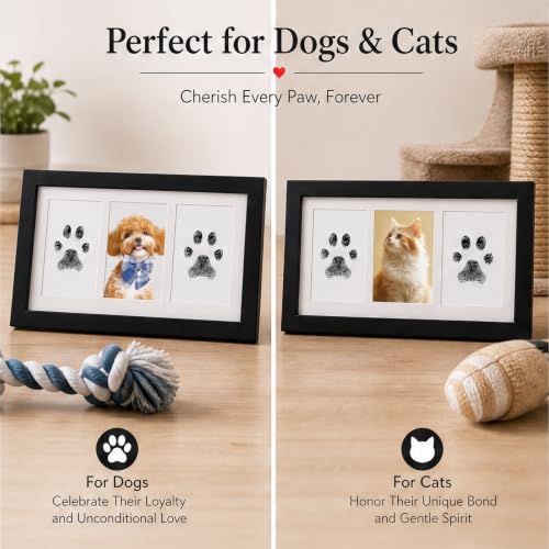 Pet Memorial Wooden Photo Frame, No-Mess Paw Print Ink Pad Kit for Dog and Cat, Pet Loss Sympathy Keepsake, Cherish Memory of Furry Family Member（ Black） - color: Black