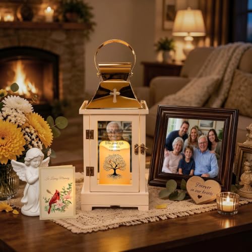 Memorial Lantern with Photo Frame & Keepsake Drawer, Sympathy Gifts for Loss of Loved One- Bereavement Remembrance Gift with Flameless LED Candle, Battery-Operated Candles, Remote & Timer, A, Gold