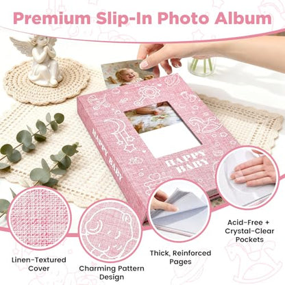 Baby Photo Album 4x6 300 Pockets with Memo Area, Photo Stickers & Hand and Footprint Kit, Linen Cover Baby Memory Book with Front Window, First Year Keepsake for Newborn Boy Girl - color: Pink