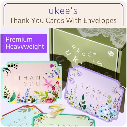 Floral Thank You Cards, Die-Cut Gold Foil, 100 Cards with Envelopes
